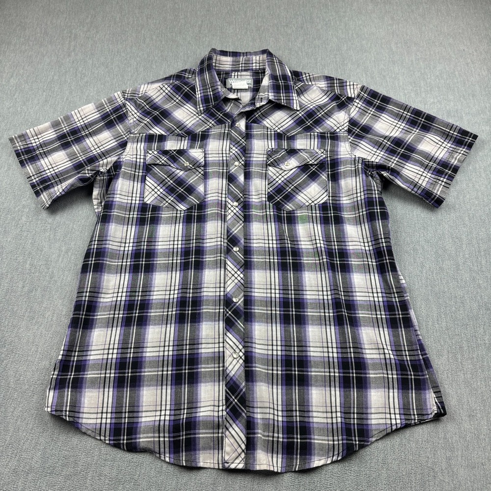 Wrangler Shirt Mens Large Black Purple Plaid Rodeo Pearl Snap Cowboy Western‎